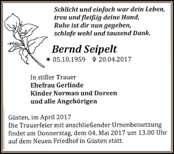 Traueranzeige von Bernd Seipelt von Super Sonntag Bernburg