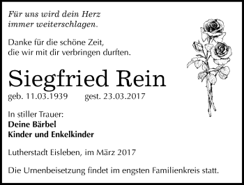 Traueranzeige von Siegfried Rein von Mitteldeutsche Zeitung Mansfelder Land