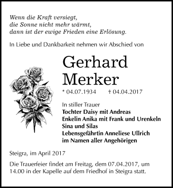 Traueranzeige von Gerhard Merker von Mitteldeutsche Zeitung Merseburg/Querfurt