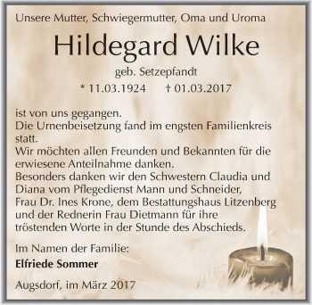 Traueranzeige von Hildegard Wilke von Mitteldeutsche Zeitung Mansfelder Land