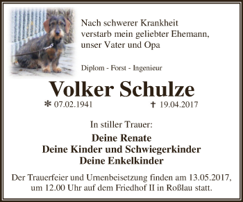 Traueranzeige von Volker Schulze von WVG - Wochenspiegel Dessau / Köthen