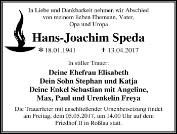 Traueranzeige von Hans-Joachim Speda von Mitteldeutsche Zeitung Dessau-Roßlau