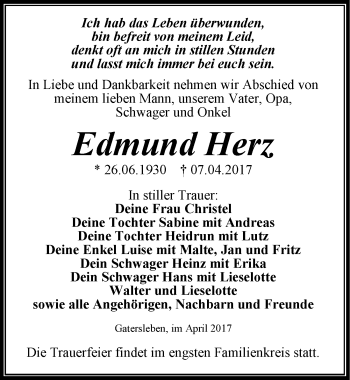 Traueranzeige von Edmund Herz von Mitteldeutsche Zeitung Aschersleben