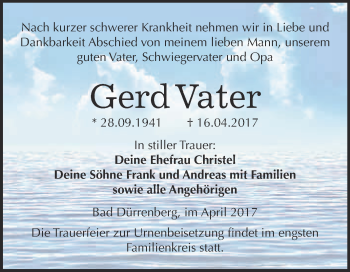 Traueranzeige von Gerd Vater von Super Sonntag Merseburg