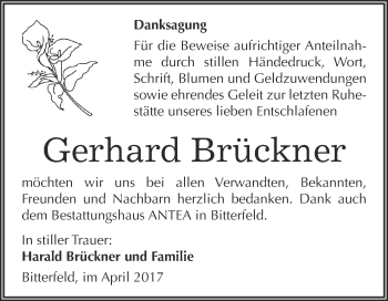 Traueranzeige von Gerhard Brückner von WVG - Wochenspiegel Bitterfeld