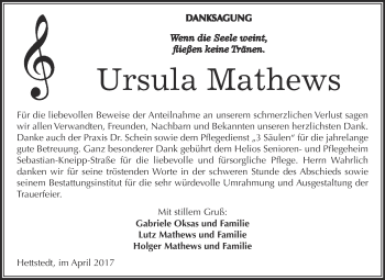 Traueranzeige von Ursula Mathews von Super Sonntag SGH Mansf. Land