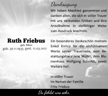Traueranzeige von Ruth Friebus von Super Sonntag Aschersleben