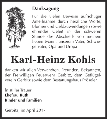 Traueranzeige von Karl-Heinz Kohls von Super Sonntag Bernburg