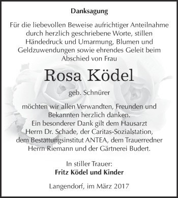 Traueranzeige von Rosa Ködel von WVG - Wochenspiegel NMB / WSF / ZTZ