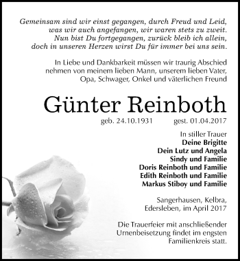 Traueranzeige von Günter Reinboth von Mitteldeutsche Zeitung Sangerhausen