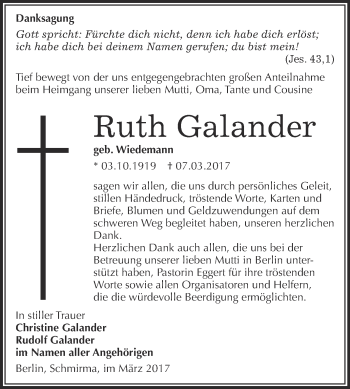 Traueranzeige von Ruth Galander von Super Sonntag Halle