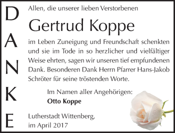 Traueranzeige von Gertrud Koppe von Mitteldeutsche Zeitung Wittenberg