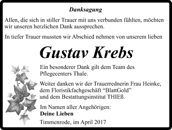 Traueranzeige von Gustav Krebs von Mitteldeutsche Zeitung Quedlinburg