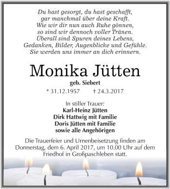 Traueranzeige von Monika Jütten von WVG - Wochenspiegel Dessau / Köthen