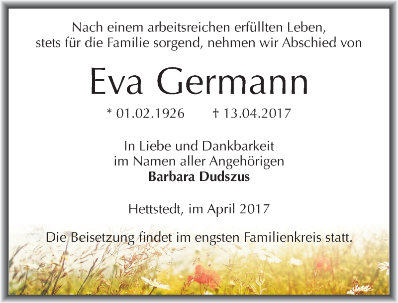  Traueranzeige für Eva Germann vom 19.04.2017 aus Mitteldeutsche Zeitung Mansfelder Land