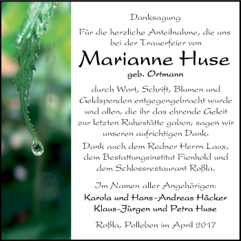 Traueranzeige von Marianne Huse von WVG - Wochenspiegel SGH