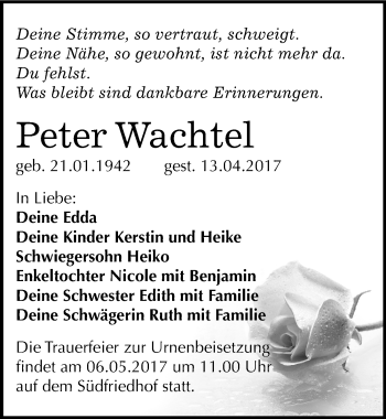 Traueranzeige von Peter Wachtel von Mitteldeutsche Zeitung Halle/Saalkreis