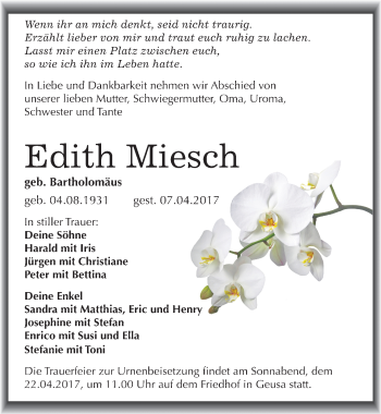 Traueranzeige von Edith Miesch von Mitteldeutsche Zeitung Merseburg/Querfurt