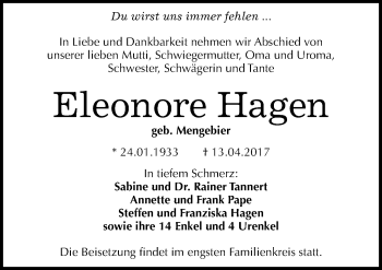 Traueranzeige von Eleonore Hagen von Mitteldeutsche Zeitung Halle/Saalkreis
