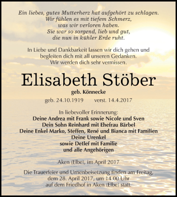 Traueranzeige von Elisabeth Stöber von WVG - Wochenspiegel Dessau / Köthen