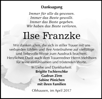 Traueranzeige von Ilse Franzke von Mitteldeutsche Zeitung Merseburg/Querfurt