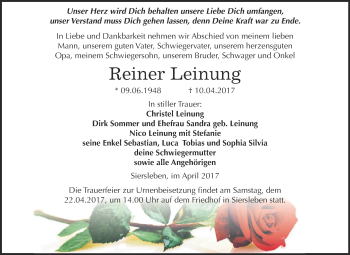 Traueranzeige von Reiner Leinung von Super Sonntag SGH Mansf. Land