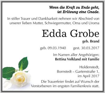 Traueranzeige von Edda Grobe von Super Sonntag SGH Mansf. Land