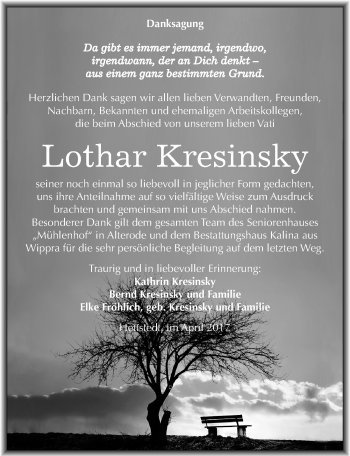 Traueranzeige von Lothar Kresinsky von Mitteldeutsche Zeitung Mansfelder Land