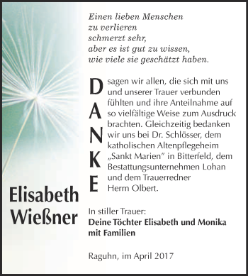 Traueranzeige von Elisabeth Wießner von WVG - Wochenspiegel Bitterfeld