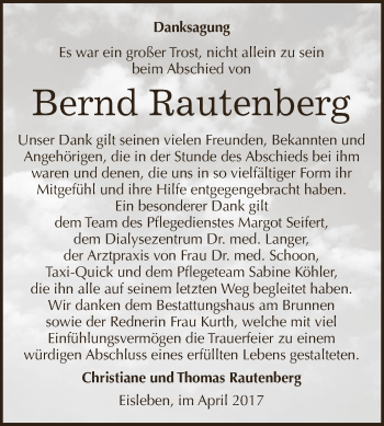 Traueranzeige von Bernd Rautenberg von Super Sonntag SGH Mansf. Land