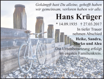 Traueranzeige von Hans Krüger von Mitteldeutsche Zeitung Bitterfeld