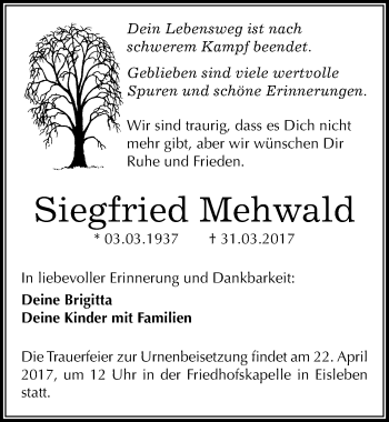 Traueranzeige von Siegfried Mehwald von Mitteldeutsche Zeitung Mansfelder Land