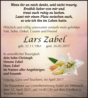 Traueranzeige von Lars Zabel von WVG - Wochenspiegel NMB / WSF / ZTZ