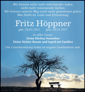 Traueranzeige von Fritz Höppner von Mitteldeutsche Zeitung Bitterfeld