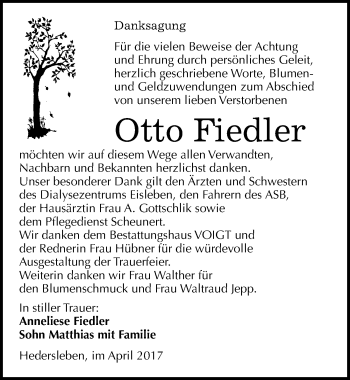 Traueranzeige von Otto Fiedler von Mitteldeutsche Zeitung Mansfelder Land