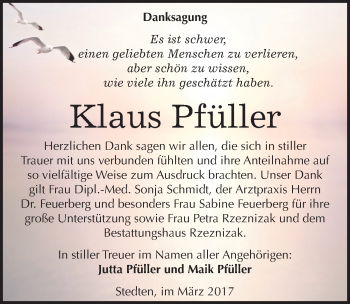 Traueranzeige von Klaus Pfüller von Mitteldeutsche Zeitung Mansfelder Land