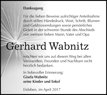 Traueranzeige von Gerhard Wabnitz von Wochenspiegel Mansfelder Land
