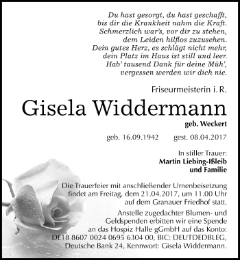 Traueranzeige von Gisela Widdermann von Mitteldeutsche Zeitung Halle/Saalkreis