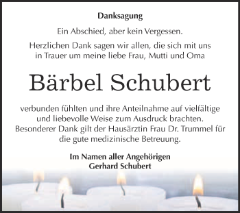 Traueranzeige von Bärbel Schubert von WVG - Wochenspiegel Bitterfeld