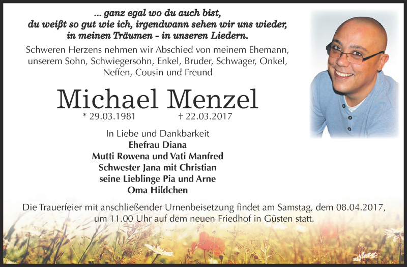  Traueranzeige für Michael Menzel vom 01.04.2017 aus Super Sonntag Bernburg