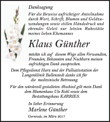 Traueranzeige von Klaus Günther von Super Sonntag Quedlinburg