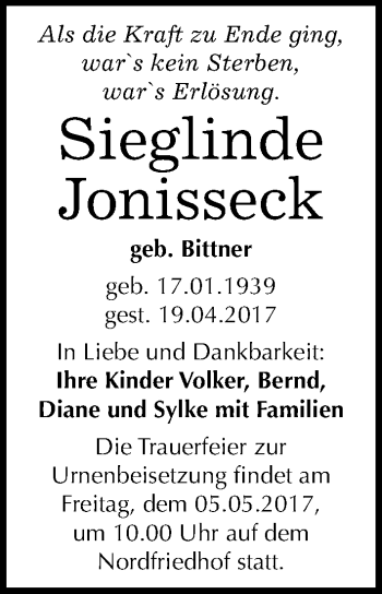 Traueranzeige von Sieglinde Jonisseck von Mitteldeutsche Zeitung Halle/Saalkreis