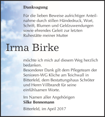 Traueranzeige von Irma Birke von WVG - Wochenspiegel Bitterfeld