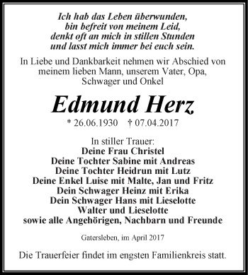 Traueranzeige von Edmund Herz von Super Sonntag Aschersleben
