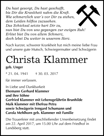 Traueranzeige von Christa Klammer von Mitteldeutsche Zeitung Halle/Saalkreis