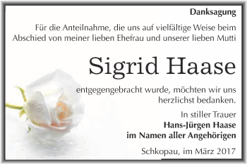 Traueranzeige von Sigrid Haase von Super Sonntag Halle