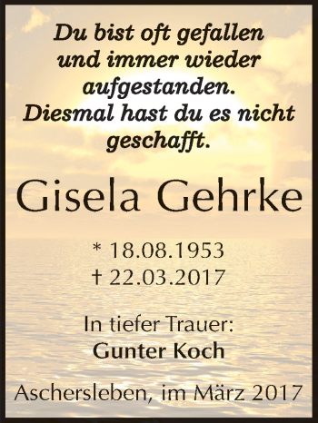 Traueranzeige von Gisela Gehrke von Mitteldeutsche Zeitung Aschersleben