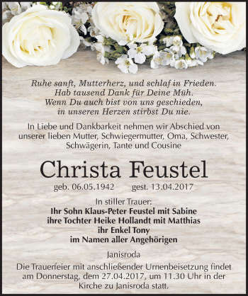 Traueranzeige von Christa Feustel von Mitteldeutsche Zeitung Naumburg/Nebra