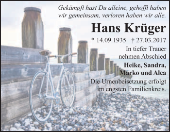 Traueranzeige von Hans Krüger von WVG - Wochenspiegel Bitterfeld