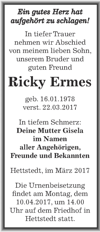 Traueranzeige von Ricky Ermes von Super Sonntag SGH Mansf. Land